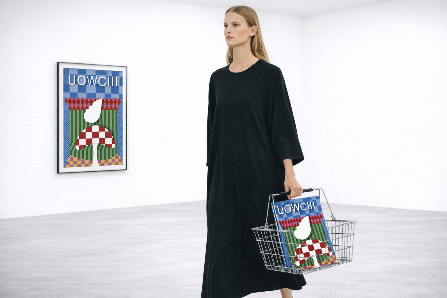 lady in black dress holding basket with UOWCIII art prints inside